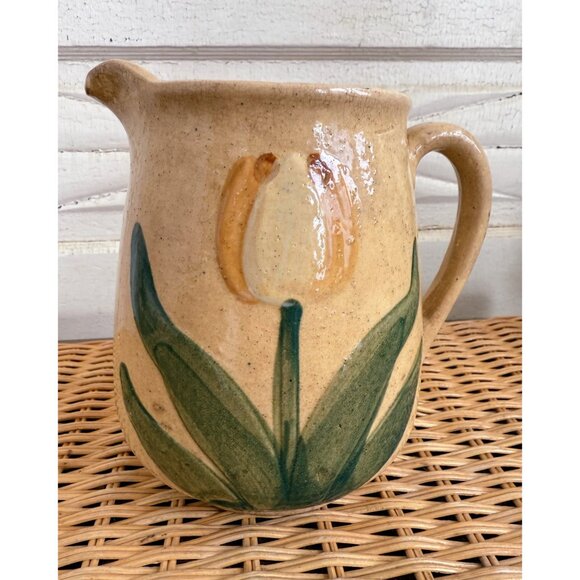 Antique 1910s Stoneware Milk Water Pitcher Yellow Tulips Farmhouse Primitive - Picture 14 of 15